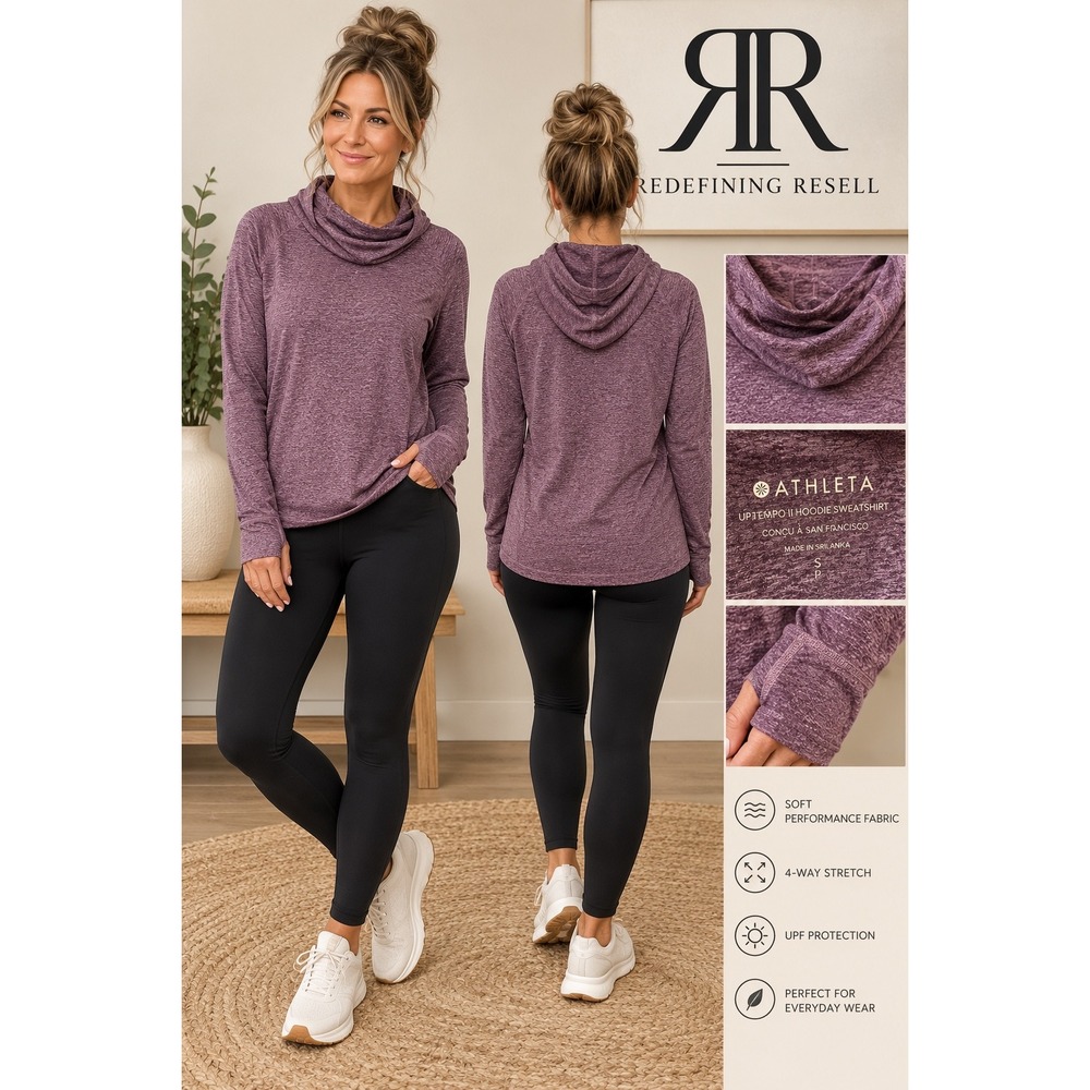 Athleta Uptempo II Hoodie Sweatshirt Heathered Purple Cowl Neck Thumbholes Small